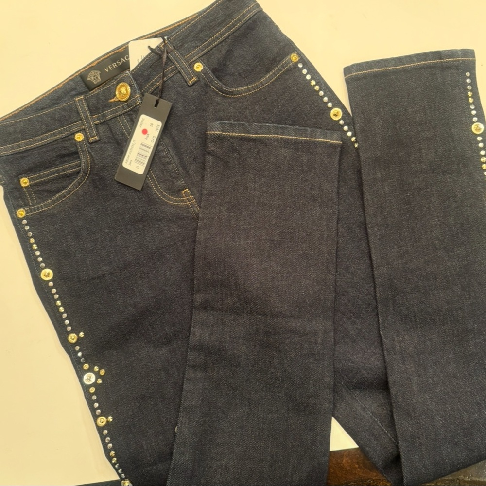 Authentic Versace Dark Blue Jeans with Gold Accents